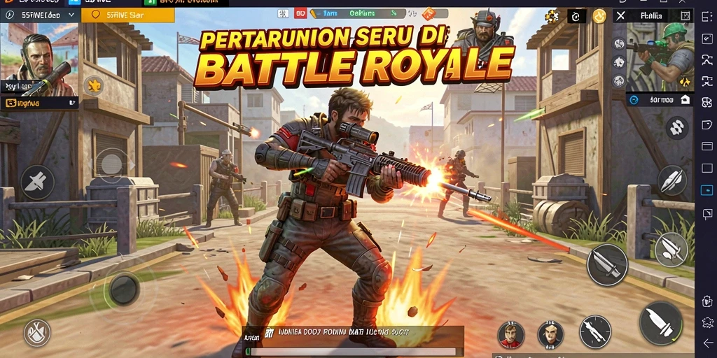 Tangkapan layar utama gameplay 55FIVE menampilkan aksi pertempuran Battle Royale yang intens.