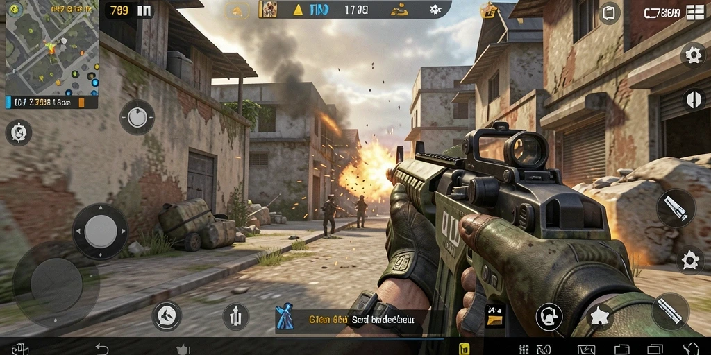 Screenshot gameplay C789 menampilkan aksi tembak-menembak yang intens.
