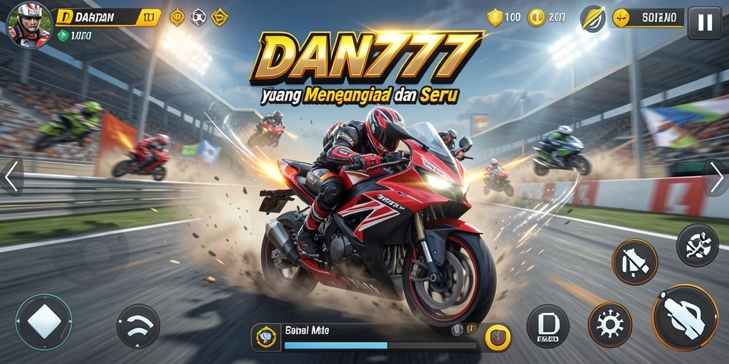 Screenshot gameplay DAN777 menunjukkan aksi balapan motor yang intens.