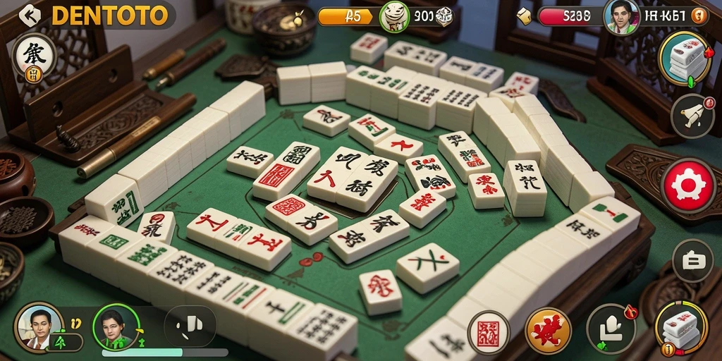Screenshot gameplay DENTOTO menunjukkan papan Mahjong yang penuh warna.