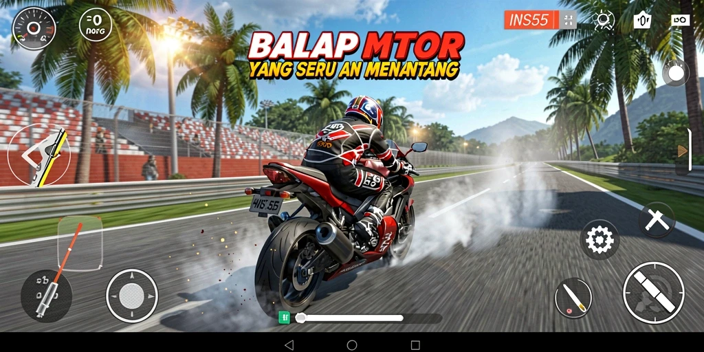 Screenshot gameplay INS55 menunjukkan aksi balap motor yang intens dan mengasyikkan.