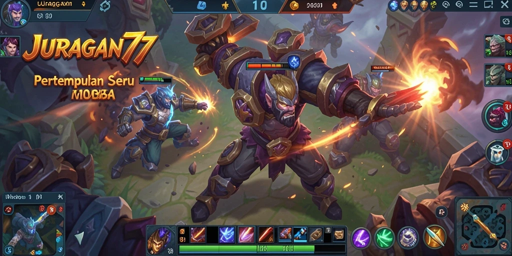 Tampilan gameplay seru dalam JURAGAN77, penuh aksi MOBA.
