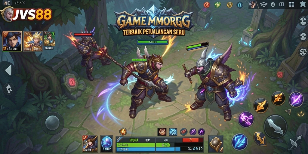 Screenshot gameplay JVS88 yang menampilkan pertarungan epik di dunia MMORPG.