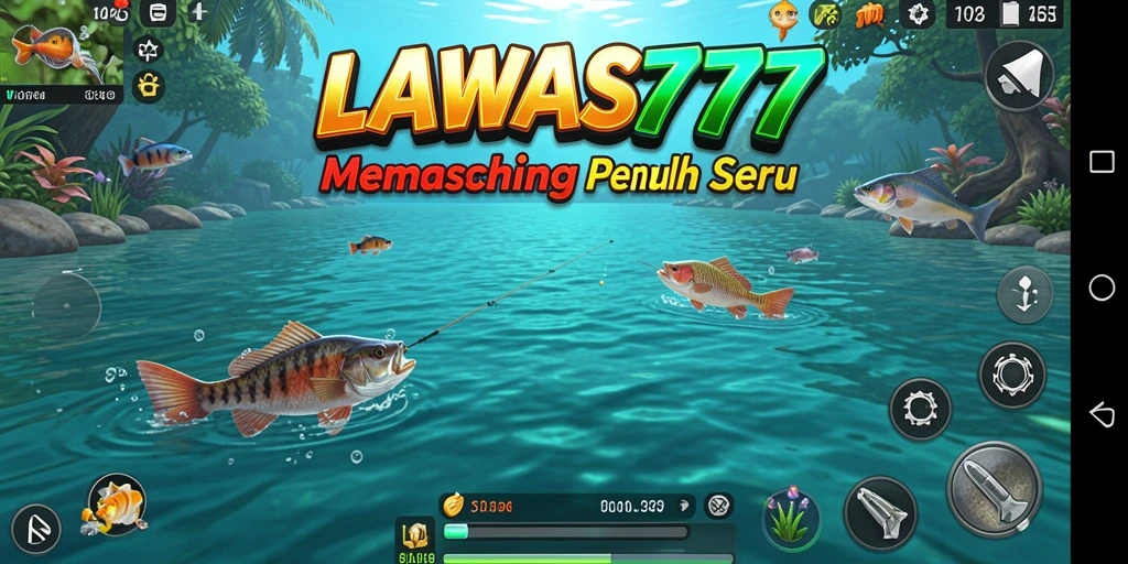 Screenshot utama gameplay LAWAS777 dengan ikan besar ditangkap.
