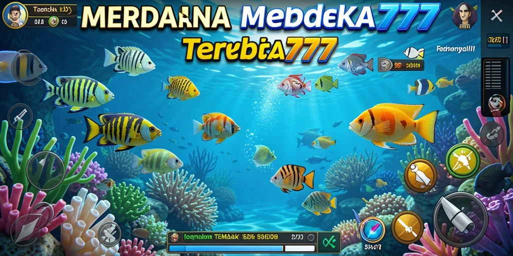 Tampilan gameplay MERDEKA777 saat menangkap ikan yang berwarna-warni.