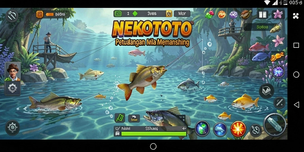 Tangkapan layar gameplay NEKOTOTO yang menampilkan aksi memancing seru.