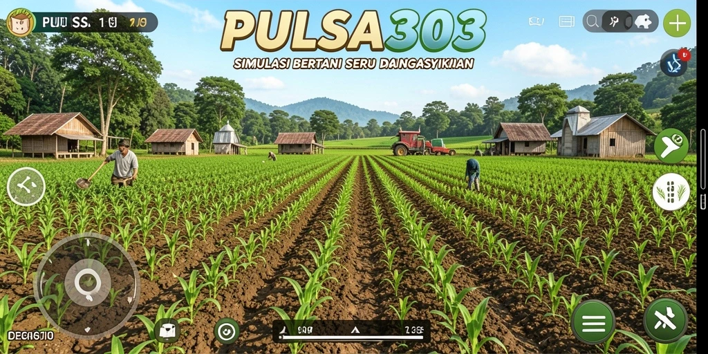 Screenshot gameplay <strong>PULSA303</strong> menampilkan lahan pertanian yang subur dan aktivitas bertani yang seru.