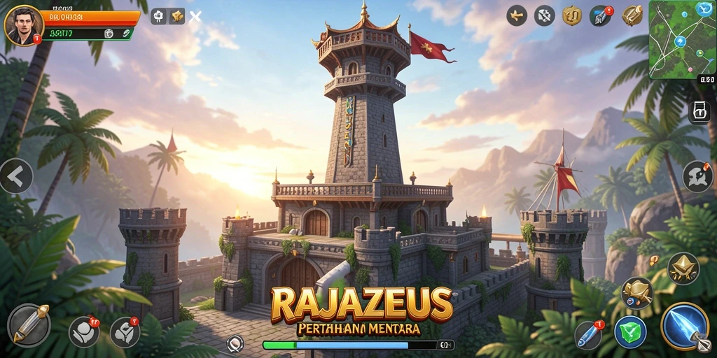 Tampilan gameplay menegangkan dari RAJAZEUS dalam aksi Tower Defense.