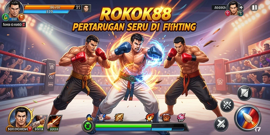 Tangkapan layar utama ROKOK88 yang menunjukkan pertarungan seru antar karakter.
