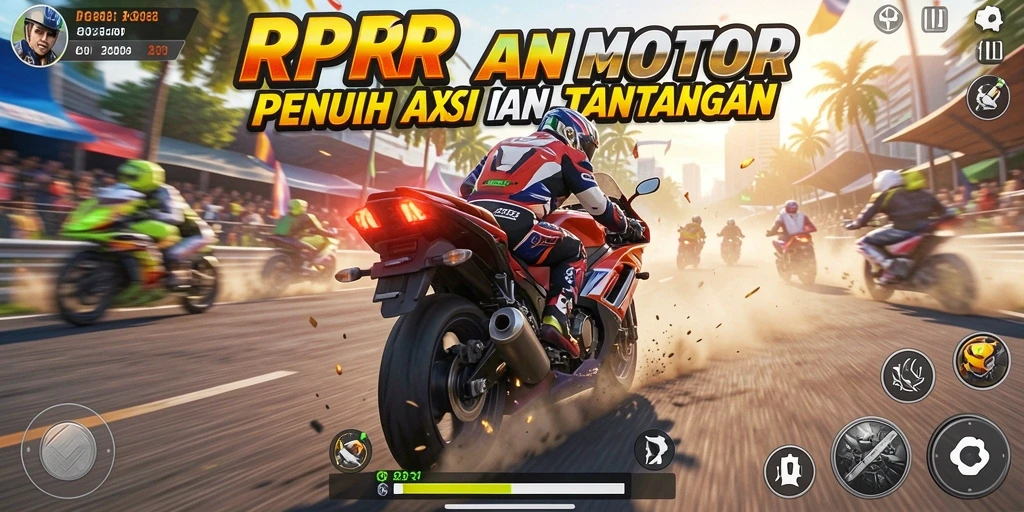 Tampilan gameplay mendebarkan dari RPRR dengan aksi balapan motor.
